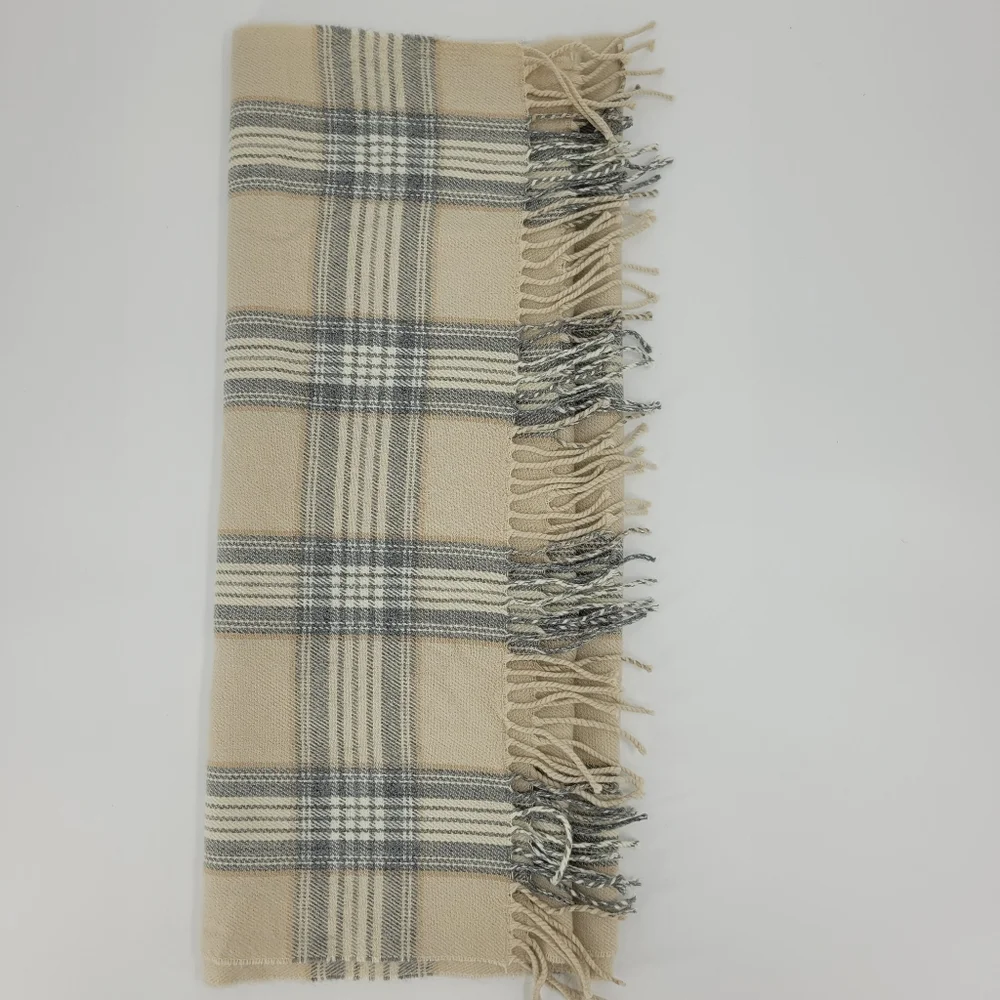 J.Crew Scarf Plaid Neutral Gray Tan Cream Fringe 24x78 Blanket Cottage Cabin